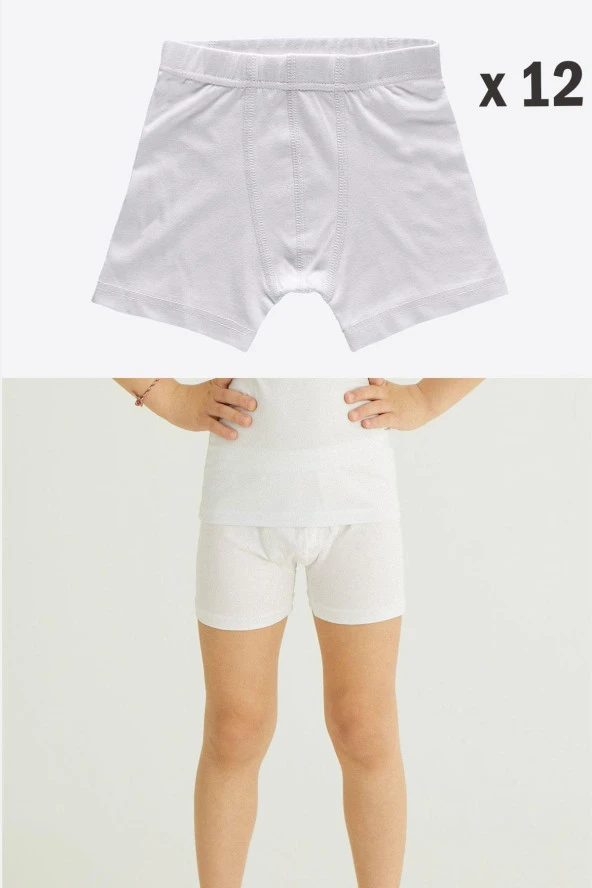 Erkek Çocuk Pamuklu Havlu Bel Düz Klasik Boxer 12 Li Paket Beyaz