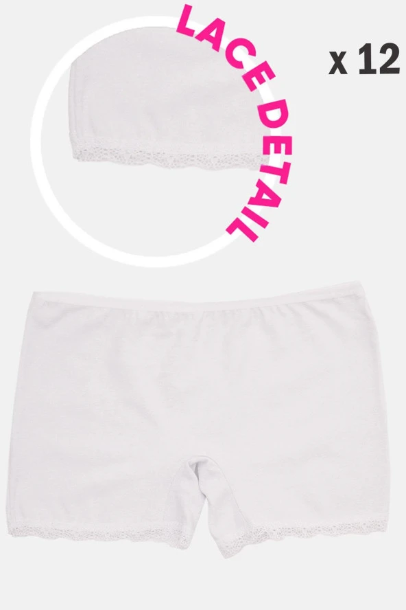 Kız Çocuk Dantel Kenarlı Boxer Beyaz 12 Li Paket