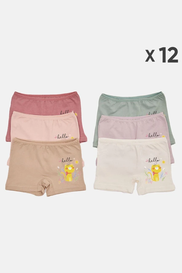 Kız Çocuk Renkli Likralı Pamuklu Boxer Külot 12 Li