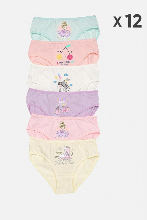 Kız Çocuk Renkli Likralı Pamuklu Slip Külot 12 Li Paket