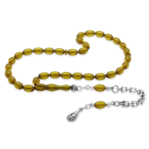 Nipora Kararmaz Metal Arnavut Zincir Püsküllü Arpa Kesim Sarı Bilek Boy Ateş Kehribar Tesbih ürün görseli