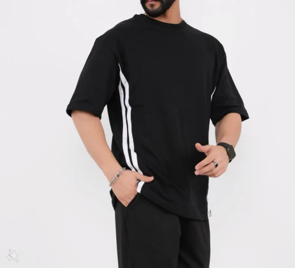 Unisex Oversize Yanları Şeritli T-Shirt - Siyah