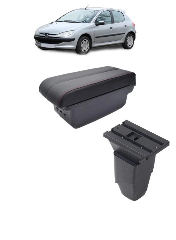 Peugeot 206 1998-2016 Usbli Vidasız Kol Dayama Kolçak Usb+Çift Açılır Siyah Dikişli