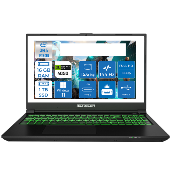 Monster Abra A5 V20.4.1 i5-12450H 16 GB 1 TB SSD 6 GB RTX 4050 15.6" W11H FHD Dizüstü Bilgisayar