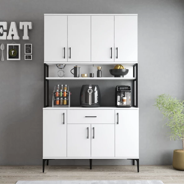 Tanmob MDL0401 Alt Üst Çok Amaçlı Dolap 8 Kapaklı Çekmeceli Raflı Mutfak Dolabı Beyaz - 3