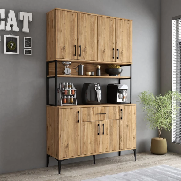 Tanmob MDL0402 Alt Üst Çok Amaçlı Dolap 8 Kapaklı Çekmeceli Raflı Mutfak Dolabı Çam - 4