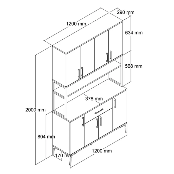Tanmob MDL0402 Alt Üst Çok Amaçlı Dolap 8 Kapaklı Çekmeceli Raflı Mutfak Dolabı Çam