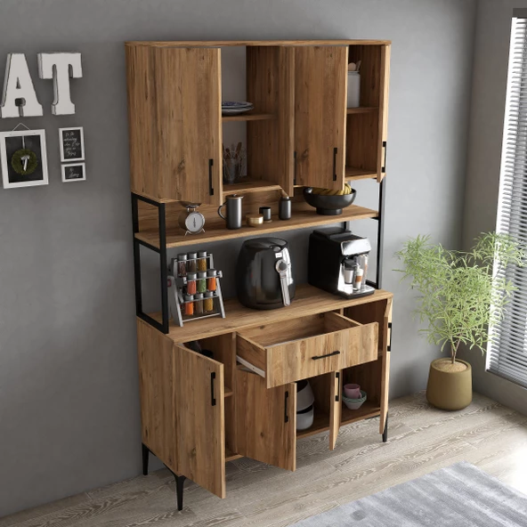 Tanmob MDL0402 Alt Üst Çok Amaçlı Dolap 8 Kapaklı Çekmeceli Raflı Mutfak Dolabı Çam - 3