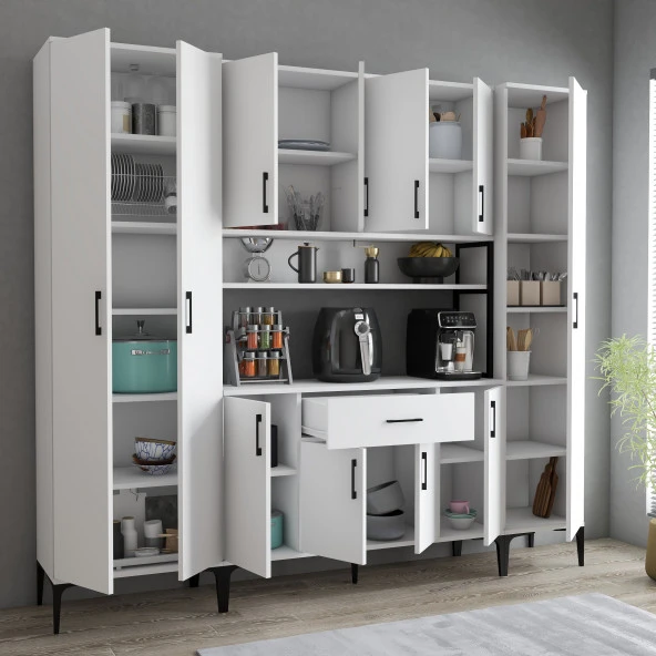 Tanmob MDL0701 Alt Üst Üç Kapılı Çok Amaçlı Dolap 8 Kapaklı Çekmeceli Raflı Beyaz - 2