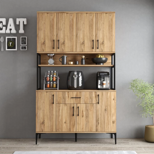 Tanmob MDL0402 Alt Üst Çok Amaçlı Dolap 8 Kapaklı Çekmeceli Raflı Mutfak Dolabı Çam - 2