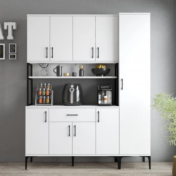 Tanmob MDL0501 Alt Üst Tek Kapılı Çok Amaçlı Dolap 8 Kapaklı Çekmeceli Raflı Beyaz - 3