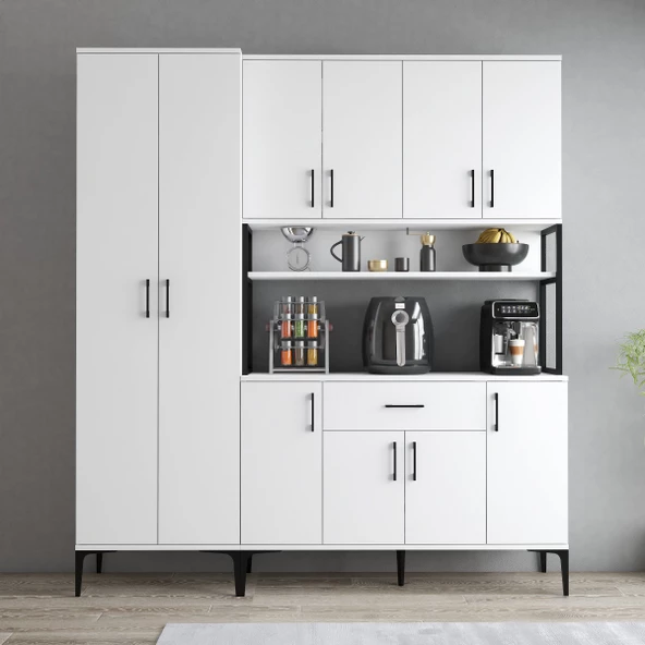 Tanmob MDL0601 Alt Üst Çift Kapılı Çok Amaçlı Dolap 8 Kapaklı Çekmeceli Raflı Beyaz - 3