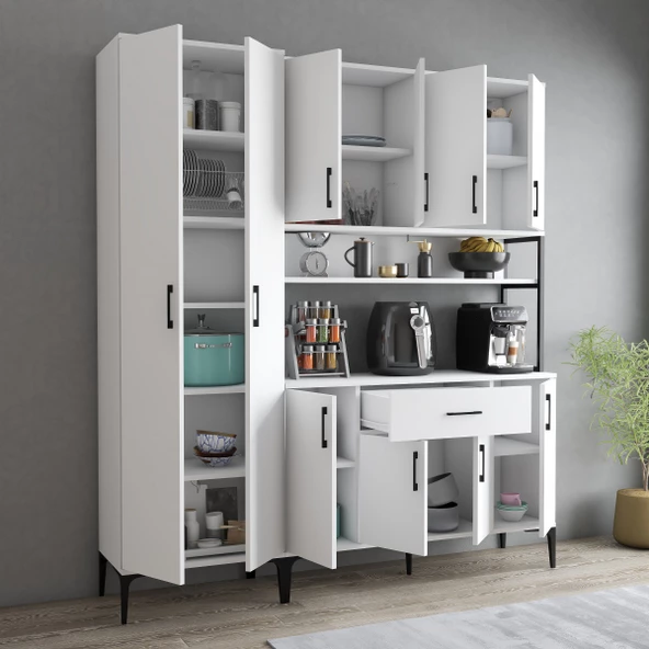 Tanmob MDL0601 Alt Üst Çift Kapılı Çok Amaçlı Dolap 8 Kapaklı Çekmeceli Raflı Beyaz - 2