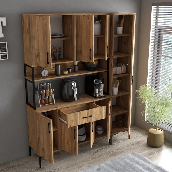 Tanmob MDL0502 Alt Üst Tek Kapılı Çok Amaçlı Dolap 8 Kapaklı Çekmeceli Raflı Çam - 2