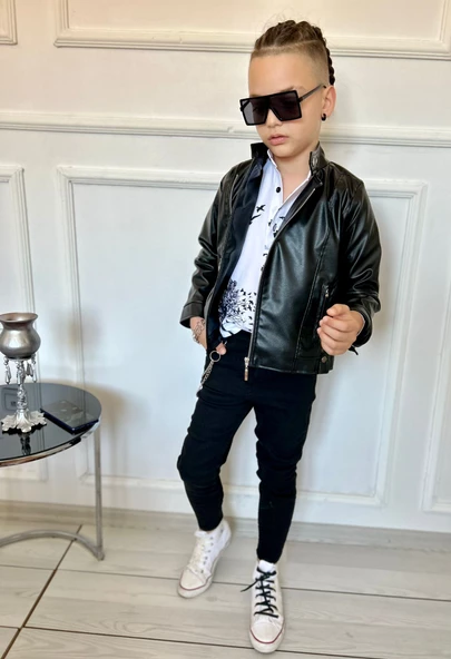 MODAVALS ERKEK ÇOCUK 4 PARÇA DERİ CEKET KOT PANTOLON KOMBİN - 574283691 - 7