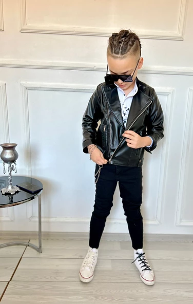 MODAVALS ERKEK ÇOCUK 4 PARÇA DERİ CEKET KOT PANTOLON KOMBİN - 574283691 - 9