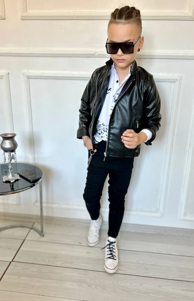 MODAVALS ERKEK ÇOCUK 4 PARÇA DERİ CEKET KOT PANTOLON KOMBİN - 574283691 - 8