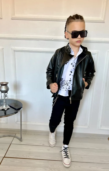 MODAVALS ERKEK ÇOCUK 4 PARÇA DERİ CEKET KOT PANTOLON KOMBİN - 574283691 - 3