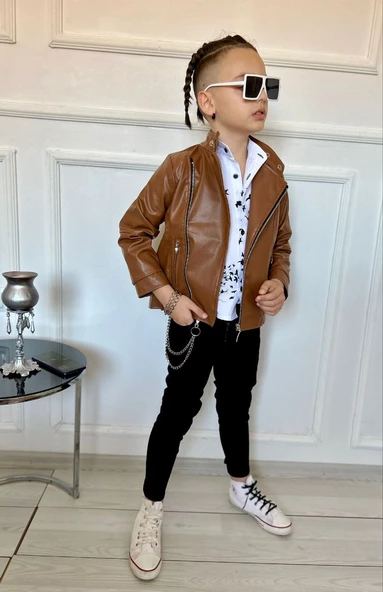 MODAVALS ERKEK ÇOCUK 4 PARÇA DERİ CEKET KOT PANTOLON KOMBİN - 574283691 - 12