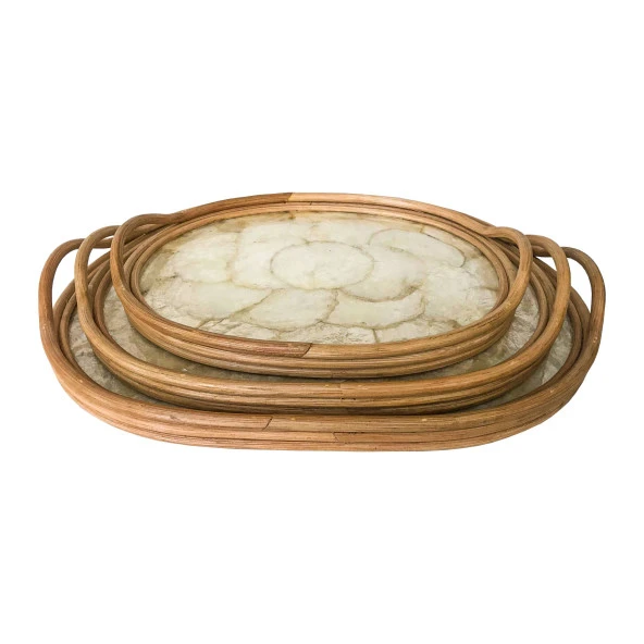 Rattan Dekoratif Oval Ba Sedef Tepsi 3 lü Setmbu El Yapımı - 2