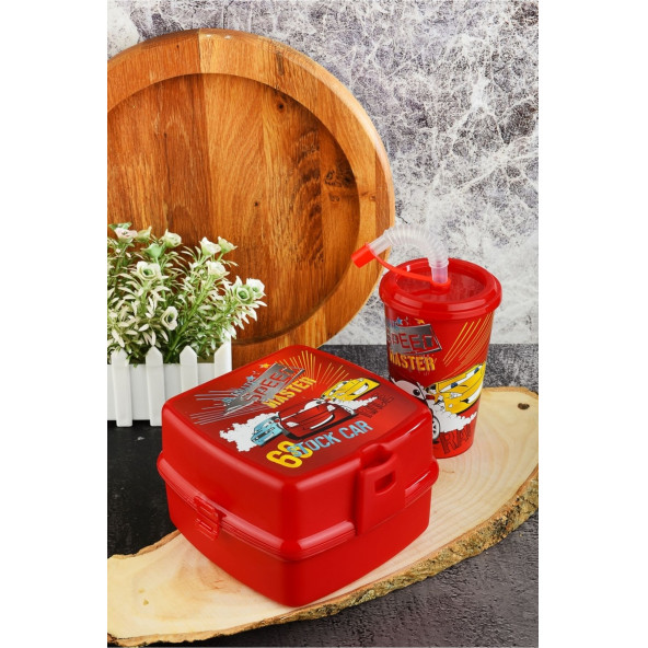 İki Katlı Beslenme Kutusu+Kapaklı Pipetli Bardak 400 ml.