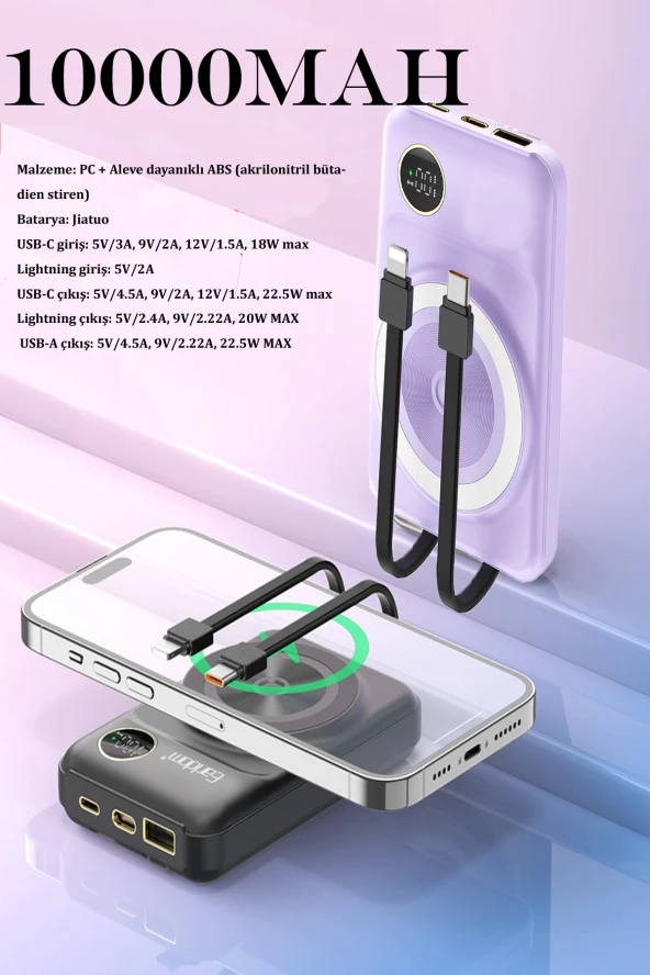 Qpen PD28 10.000 mAh 22.5W Kablosuz PD Hızlı Şarj Powerbank - Resim 2