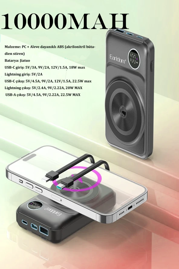 Qpen PD28 10.000 mAh 22.5W Kablosuz PD Hızlı Şarj Powerbank - Resim 7