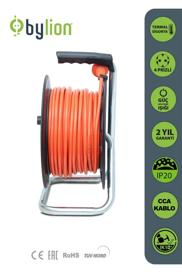Bylıon Makaralı Uzatma Kablosu 3*1.5mm² 20 Mt. Turuncu Kablo - Işıklı - 2