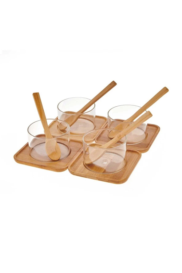 bambu tabaklı cam suffle seti - çok amaçlı altlıklı sunum kasesi 12 parça