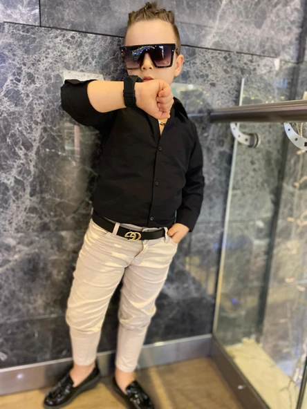 MODAVALS ERKEK ÇOCUK 3 PARÇA GABARDİN PANTOLON & GÖMLEK & KEMER KOMBİN-SİYAH-745236981 - 10