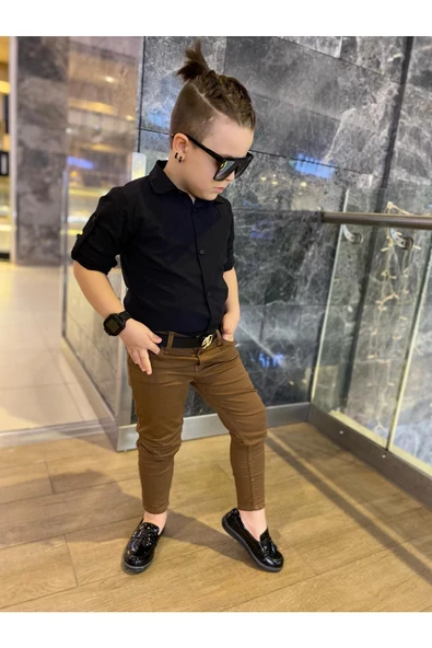 MODAVALS ERKEK ÇOCUK 3 PARÇA GABARDİN PANTOLON & GÖMLEK & KEMER KOMBİN-SİYAH-745236981 - 5