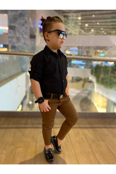 MODAVALS ERKEK ÇOCUK 3 PARÇA GABARDİN PANTOLON & GÖMLEK & KEMER KOMBİN-SİYAH-745236981 - 2