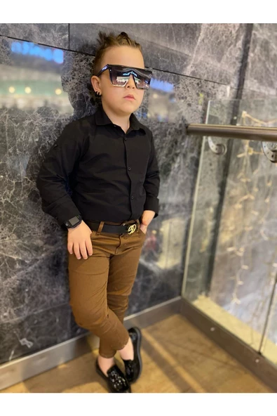 MODAVALS ERKEK ÇOCUK 3 PARÇA GABARDİN PANTOLON & GÖMLEK & KEMER KOMBİN-SİYAH-745236981 - 6