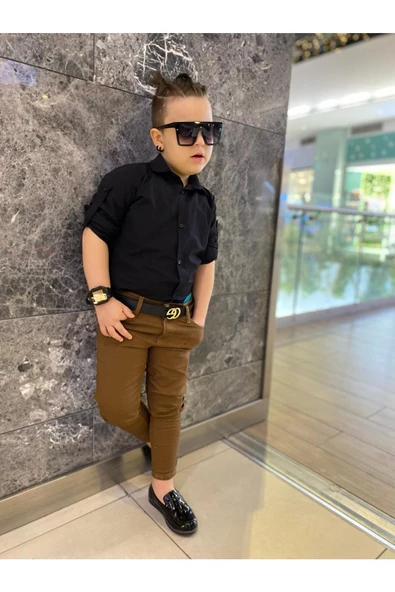 MODAVALS ERKEK ÇOCUK 3 PARÇA GABARDİN PANTOLON & GÖMLEK & KEMER KOMBİN-SİYAH-745236981 - 7