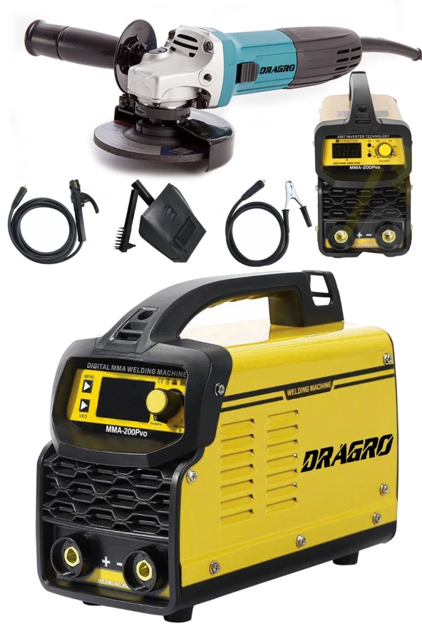 Dragro Germany Technology Çift Kartlı 200 Amper Invertör Kaynak Makinası-sarı-3000w Taşlama 2li Set