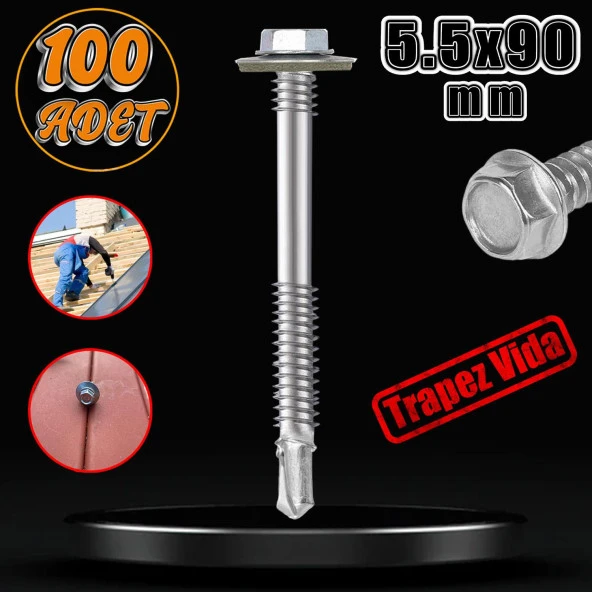 Trapez Çatı Vidası 5.5x90 mm Paket 100 ADET Matkap Uçlu Sac Akıllı Vida Çatı Panel Metal Ağaç Vidası