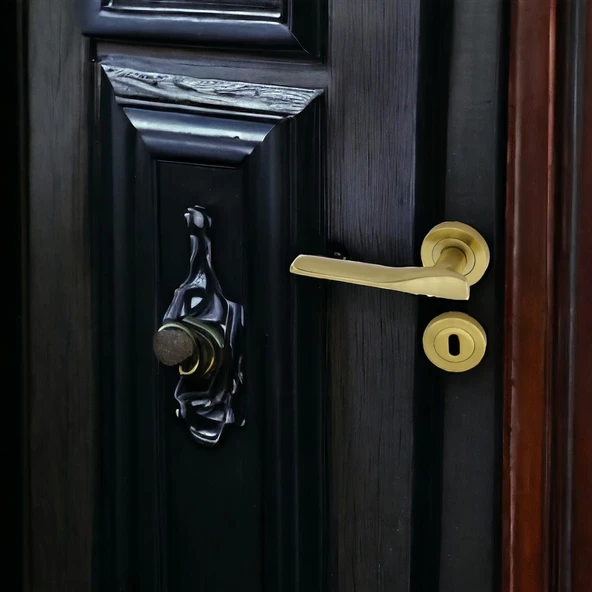 Royal Titanyum Gold Oda Kapı Kolu Daire Rozetli Sürgülü ve Çelik Kapı Kulpu Uyumlu Sağ Sol Kolları - 7