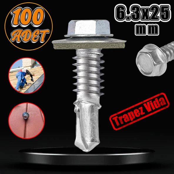 Trapez Çatı Vidası 6.3x25 mm Paket 100 ADET Matkap Uçlu Sac Akıllı Vida Çatı Panel Metal Ağaç Vidası