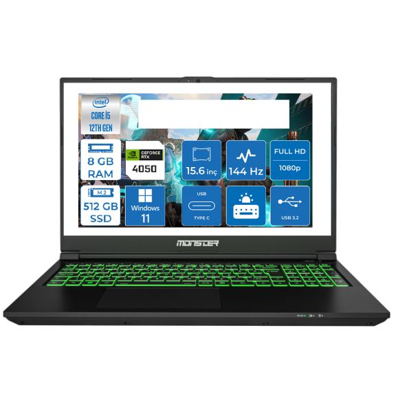 Monster Abra A5 V20.4.6 i5-12450H 8 GB 500 GB SSD 6 GB RTX 4050 15.6" Dos FHD Dizüstü Bilgisayar - 1