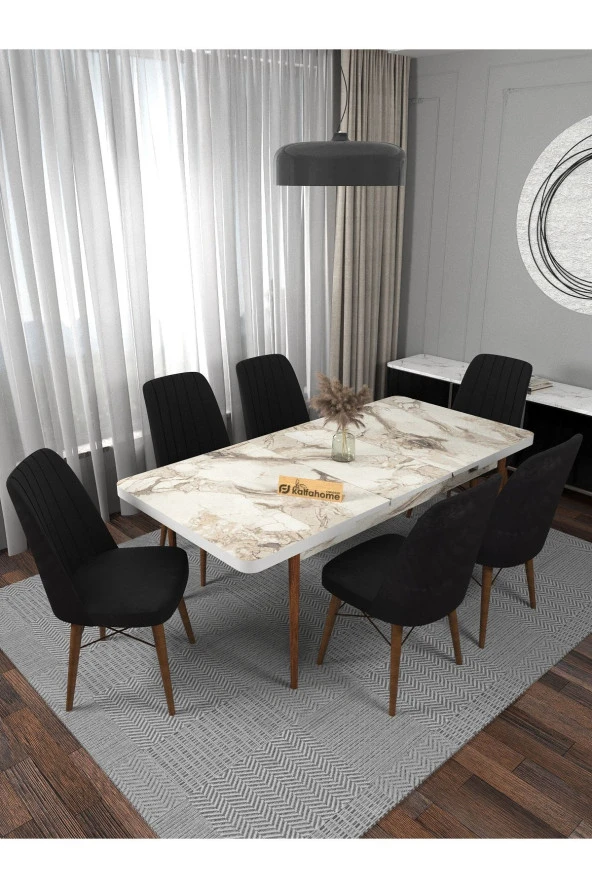 Kaffahome Concept Riff Efes 80x130 Açılır Mutfak Masası Yemek Masası Masa Sandalye Takımı 6 Siyah Sandalye