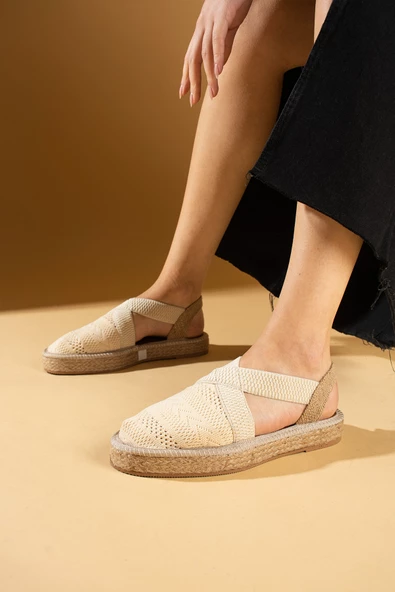 Pembe Potin Hasır Desenli Comfort Taban Triko Kadın Sandalet 67-101-24 - Resim 3