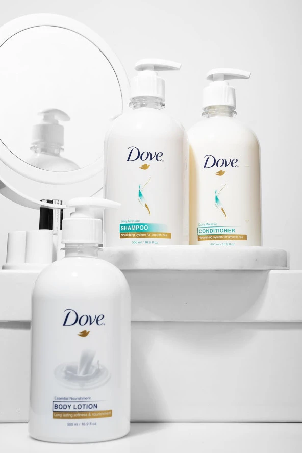 Dove Nemlendirici Şampuan 500 ml + Saç Kremi 500 ml + Vücut Losyonu 500 ml