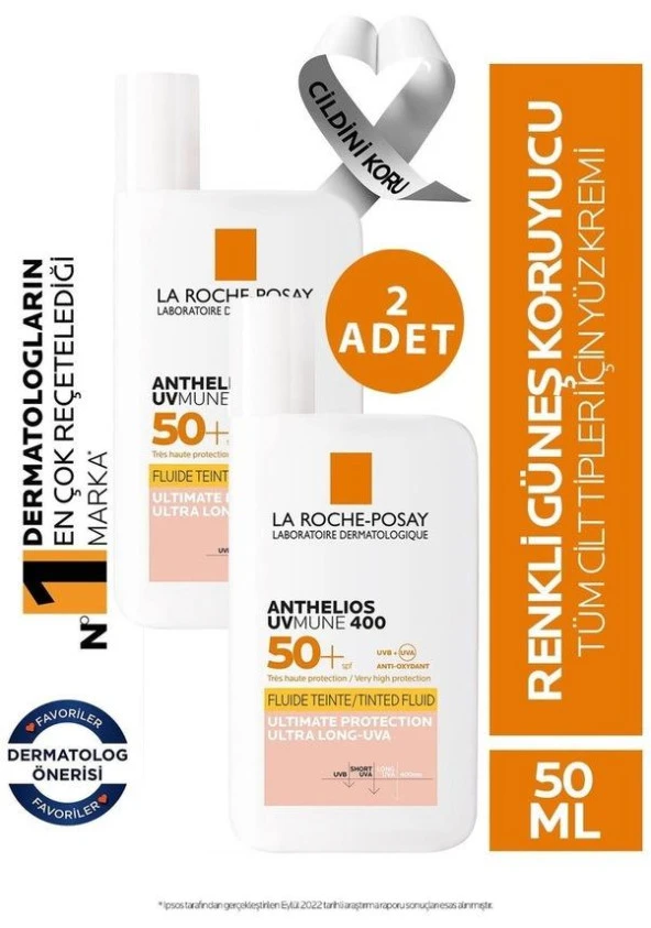 La Roche Posay Anthelios Uvmune400 Spf50+ İnvisible Fluid Tinted 50 Ml - 2 ADET - SKT:09/2026