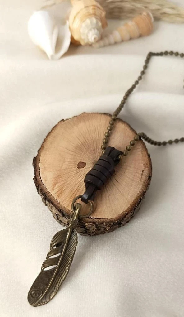 Kolye Tüy Deri Erkek Kadın Kolye Yaprak Takı Zincir Sarı Renk - 3