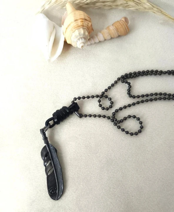 Tüy Deri Kolye Erkek Kadın Kolye Yaprak Takı Zincir Sarı Renk - Resim 3