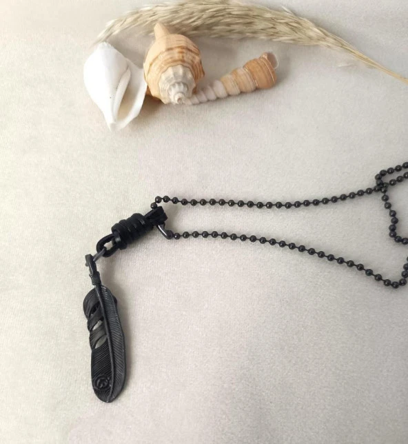 Tüy Deri Kolye Erkek Kadın Kolye Yaprak Takı Zincir Sarı Renk - Resim 4