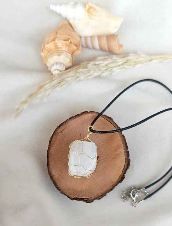 Kolye Doğal Taş El İşi Tel Sarma Tasarım Çakra Charm Takı Kadın Kız Örgü - 6