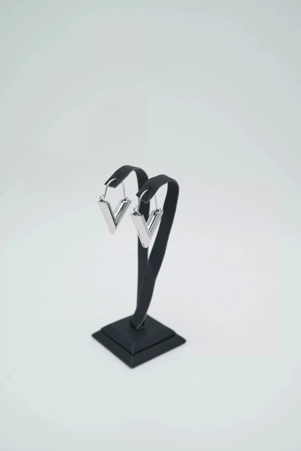 V Boru Gümüş Renk Çelik Küpe - 2