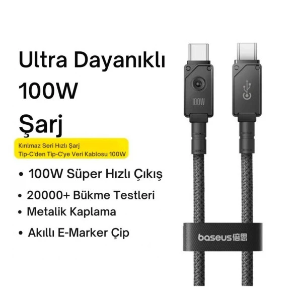 Baseus Led Işıklı E-Marker Çipli Unbreakable Kopmaz Kablo 1Mt Ultra Hızlı 100W Type-C Şarj Kablosu - 2