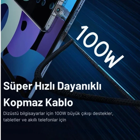 Baseus Led Işıklı E-Marker Çipli Unbreakable Kopmaz Kablo 1Mt Ultra Hızlı 100W Type-C Şarj Kablosu - 4